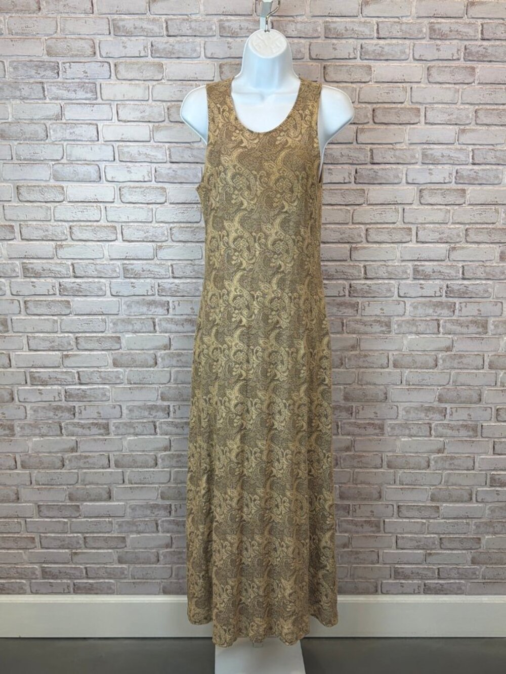 Vintage M. Kalan Paisley Maxi Dress Stretch Nylon Gold Taupe Size Large